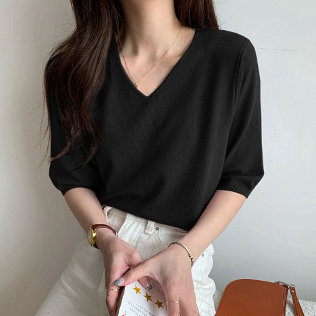 アミュレット Amulet Vネック薄手ニット レディース トップス 五分袖 半袖 無地 春服 夏 秋 10代 20代 韓国ファッション オフィスカジュアル デコルテ キレイめ