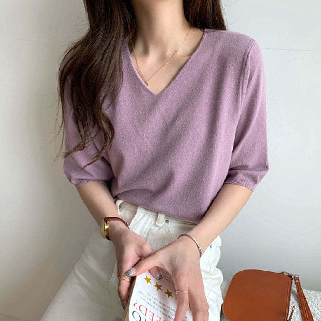 アミュレット Amulet Vネック薄手ニット レディース トップス 五分袖 半袖 無地 春服 夏 秋 10代 20代 韓国ファッション オフィスカジュアル デコルテ キレイめ