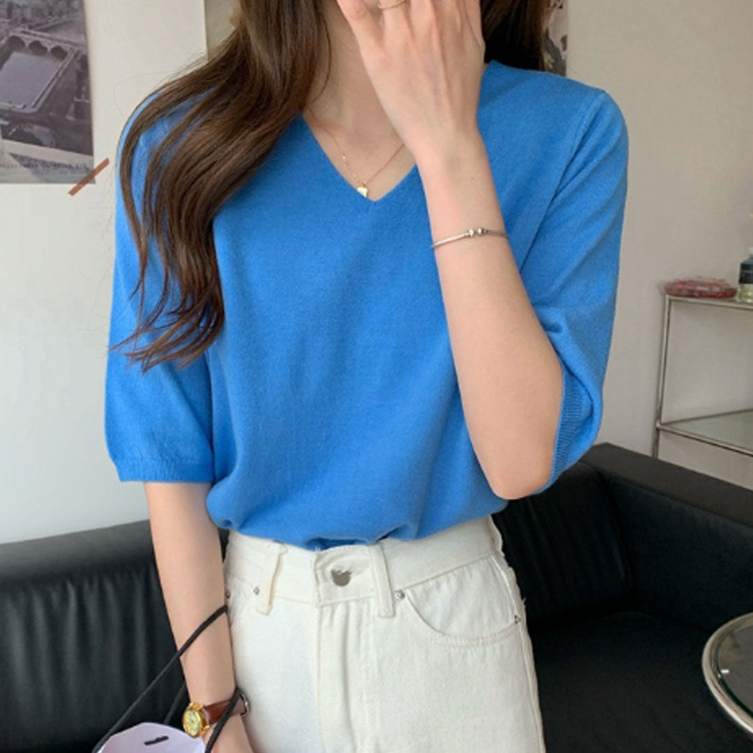 アミュレット Amulet Vネック薄手ニット レディース トップス 五分袖 半袖 無地 春服 夏 秋 10代 20代 韓国ファッション オフィスカジュアル デコルテ キレイめ,ブルー