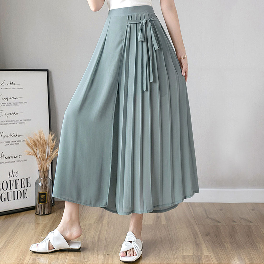 アミュレット Amulet 腰リボンシフォンパンツ レディース ボトム ワイドパンツ 春 夏服 韓国ファッション 10代 20代 30代 オフィスカジュアル 半端丈 ロング プリーツ