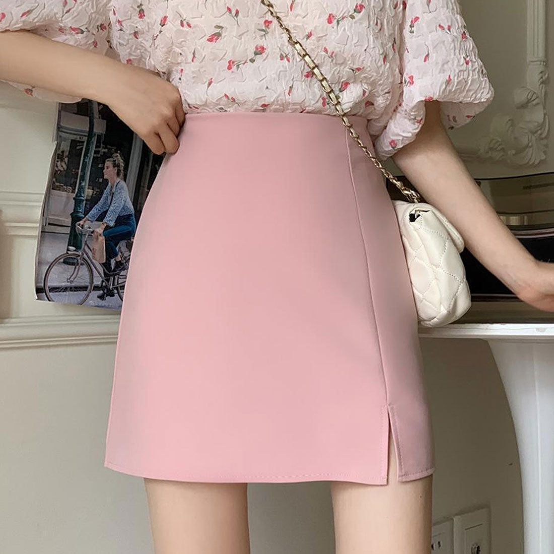 アミュレット Amulet ミニスリットスカート 春 夏服 秋 韓国ファッション 10代 20代 30代 ショート 無地 ミニ丈 レディース おしゃれ タイトミニスカート