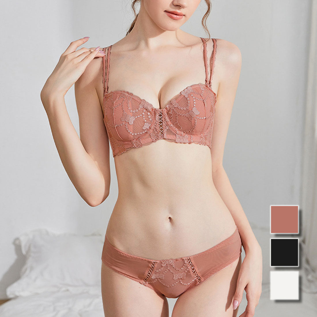 アミュレット Amulet ダブルストラップブラジャー＆ショーツセット レース 下着 ランジェリー 谷間 ブラショーツ セクシー ブラセット バック透け フルバック ストラップ 【返品不可商品】