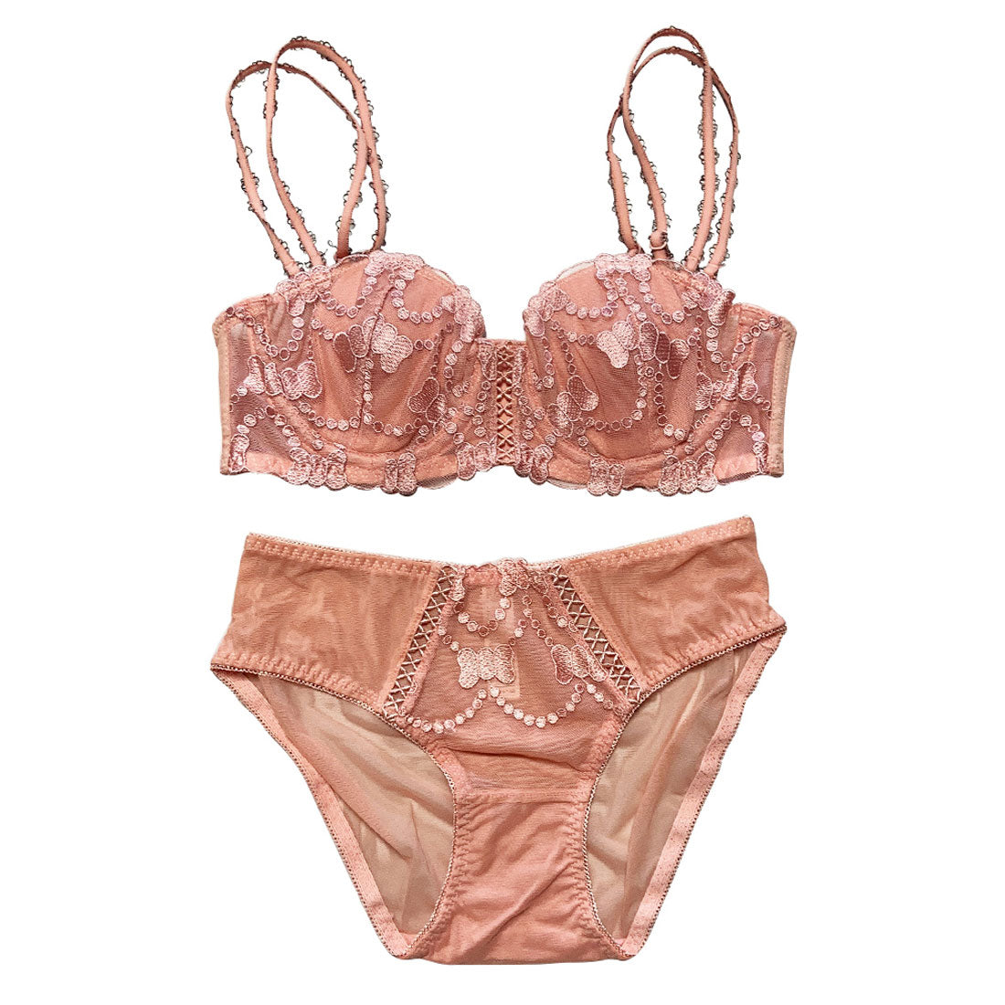 アミュレット Amulet ダブルストラップブラジャー＆ショーツセット レース 下着 ランジェリー 谷間 ブラショーツ セクシー ブラセット バック透け フルバック ストラップ 【返品不可商品】
