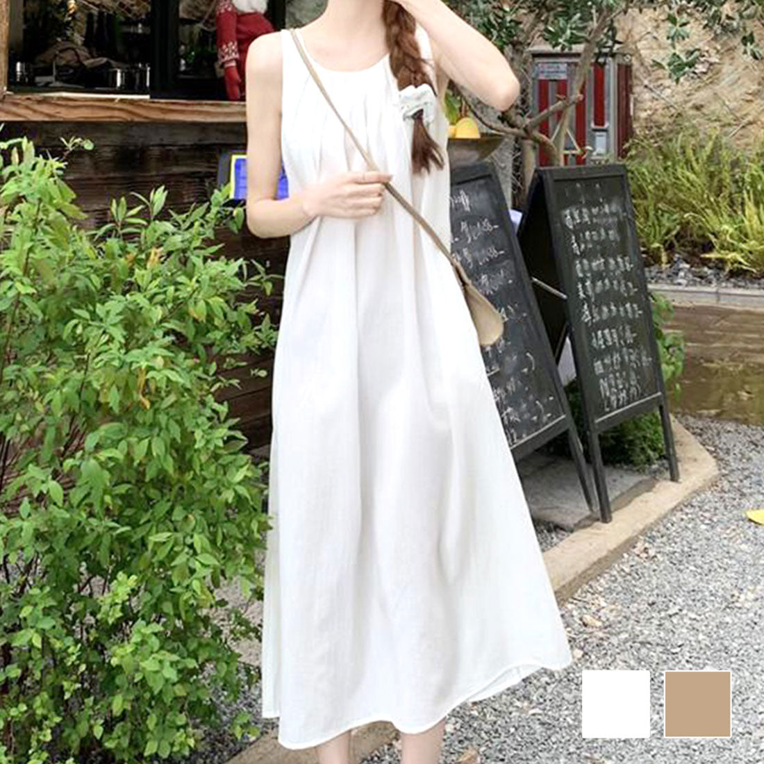 アミュレット Amulet ノースリーブワンピース 春 夏服 秋 韓国ファッション 10代 20代 30代 レディース ゆったり 体型カバー おしゃれ 膝下 シンプル 可愛い （ホワイト） ホワイト