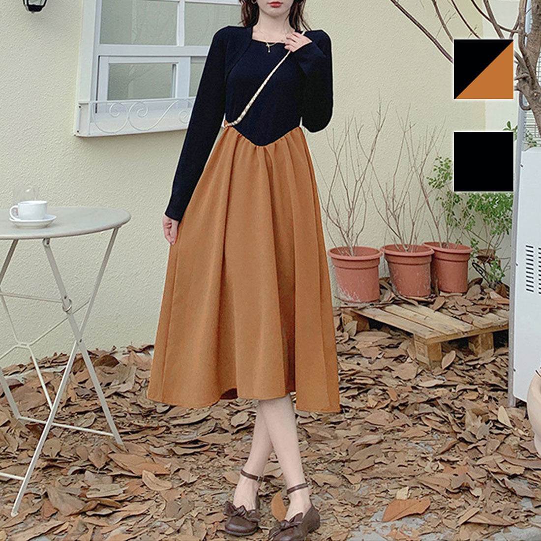 Amulet Docking Flare Dress Spring Autumn Winter Korean Fashion Teens 20s 30s Women Simple Stylish Cute Date Long Dress