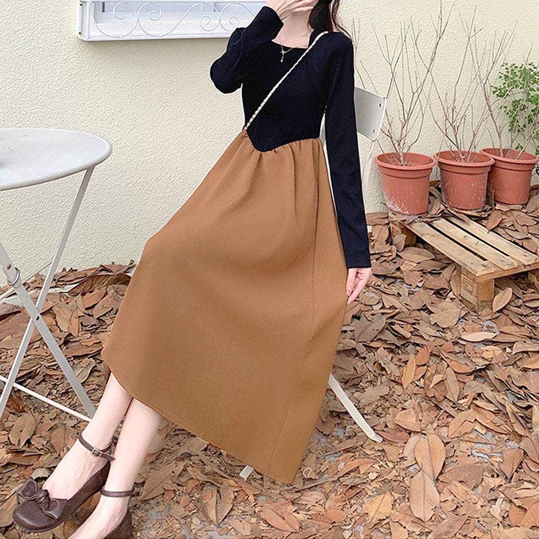 Amulet Docking Flare Dress Spring Autumn Winter Korean Fashion Teens 20s 30s Women Simple Stylish Cute Date Long Dress Amulet Docking Flare Dress Spring Autumn Winter Korean Fashion Teens 20s 30s Women Simple Stylish Cute Date Long Dress
