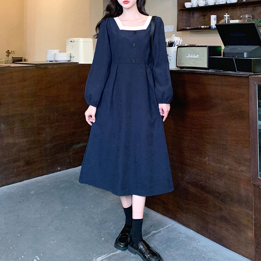 Amulet Square Neck Dress Spring Autumn Winter Korean Fashion Teens 20s 30s Women Simple Stylish Cute Adult Casual Retro Date