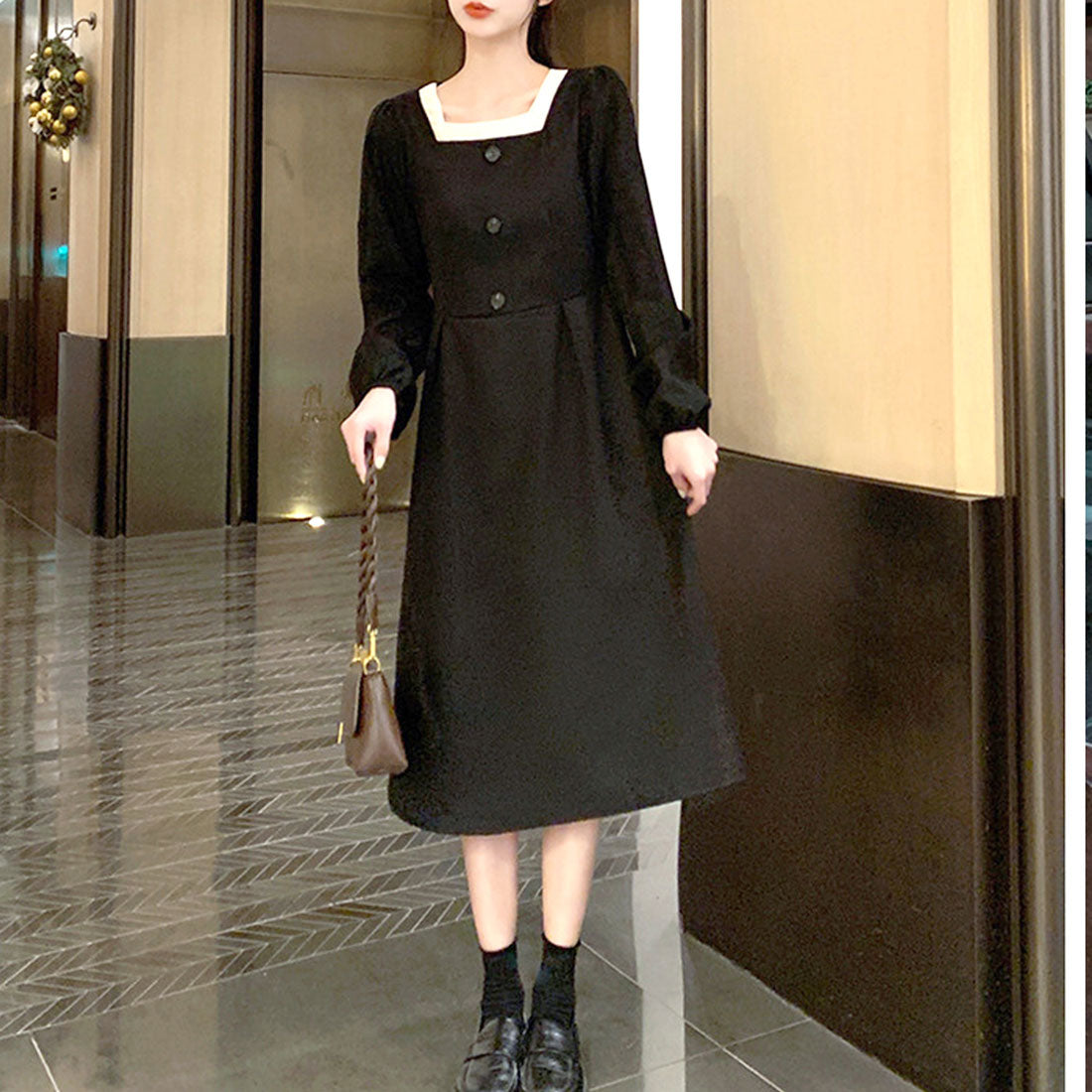 Amulet Square Neck Dress Spring Autumn Winter Korean Fashion Teens 20s 30s Women Simple Stylish Cute Adult Casual Retro Date