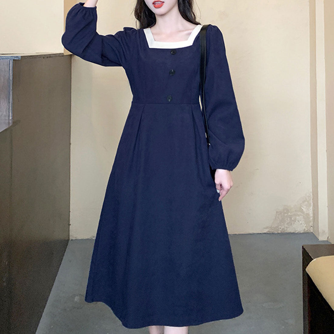 Amulet Square Neck Dress Spring Autumn Winter Korean Fashion Teens 20s 30s Women Simple Stylish Cute Adult Casual Retro Date