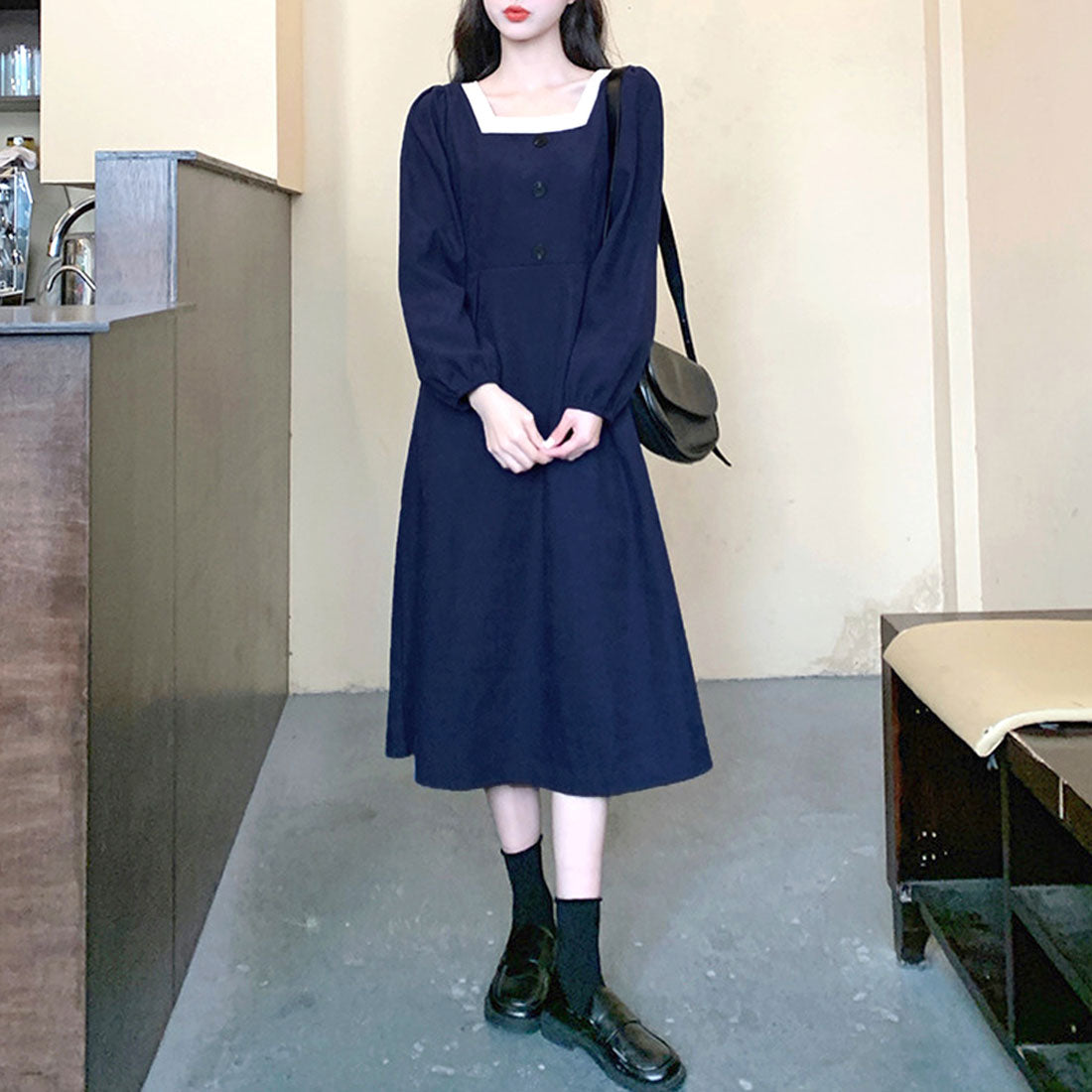 Amulet Square Neck Dress Spring Autumn Winter Korean Fashion Teens 20s 30s Women Simple Stylish Cute Adult Casual Retro Date