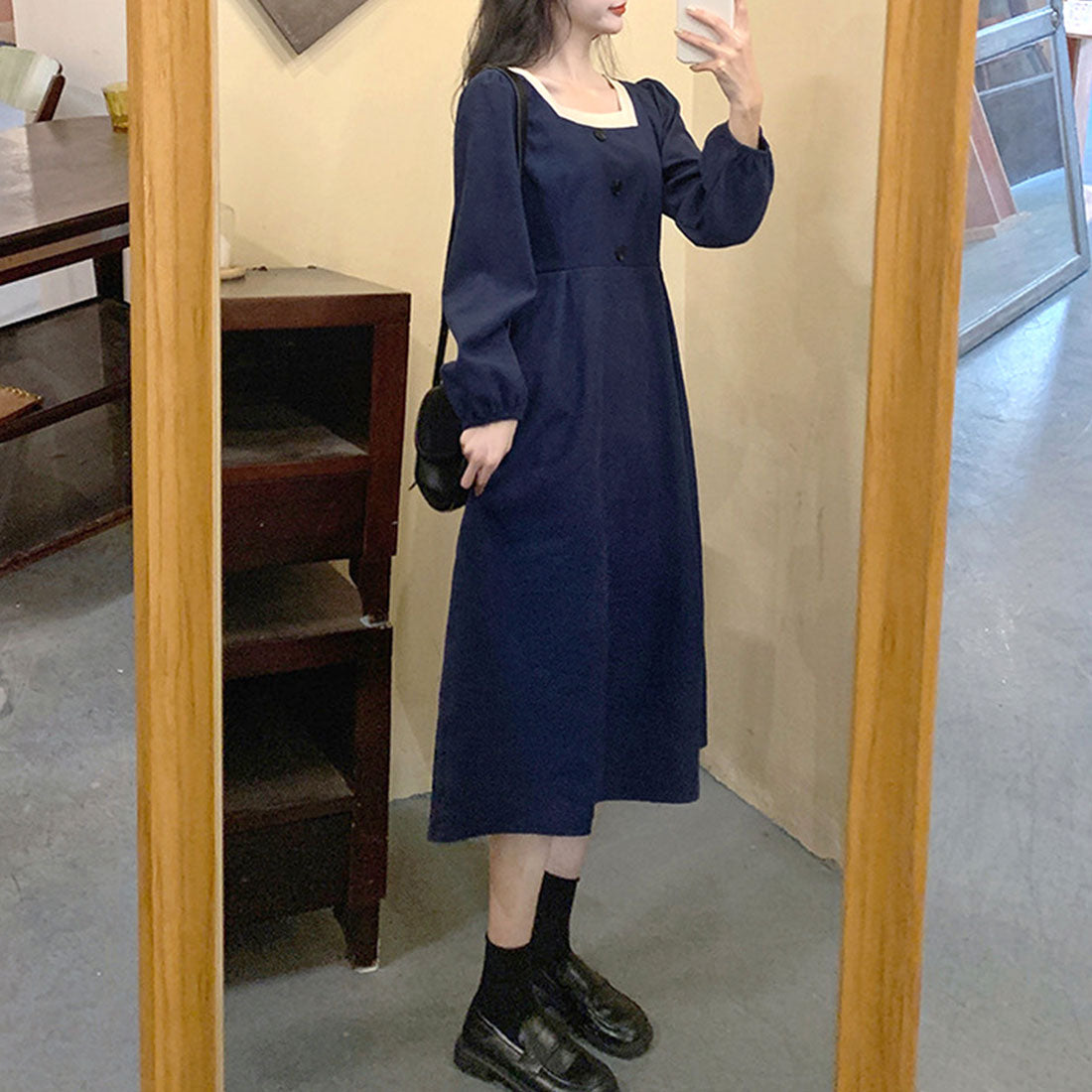 Amulet Square Neck Dress Spring Autumn Winter Korean Fashion Teens 20s 30s Women Simple Stylish Cute Adult Casual Retro Date