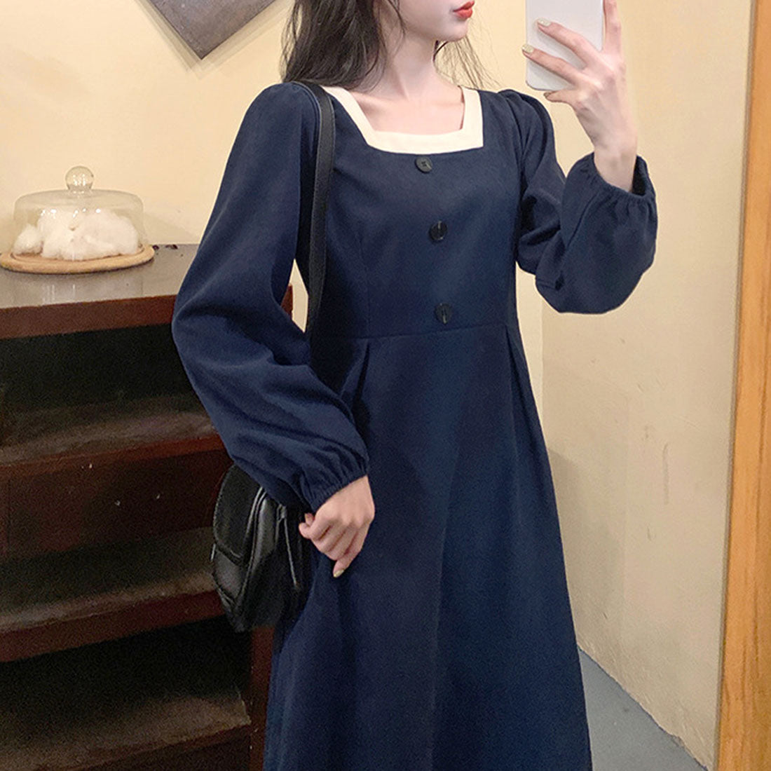 Amulet Square Neck Dress Spring Autumn Winter Korean Fashion Teens 20s 30s Women Simple Stylish Cute Adult Casual Retro Date