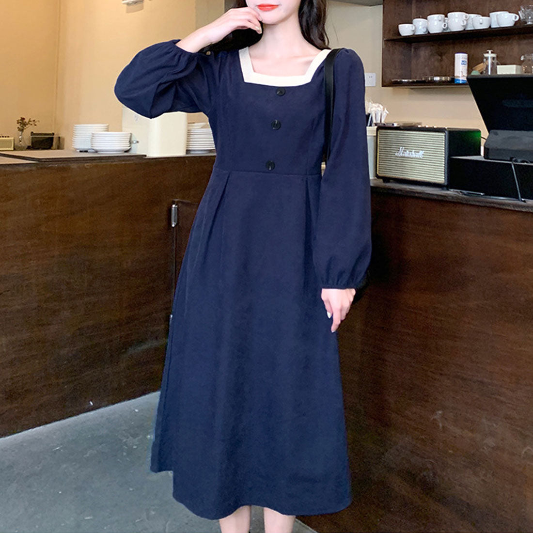Amulet Square Neck Dress Spring Autumn Winter Korean Fashion Teens 20s 30s Women Simple Stylish Cute Adult Casual Retro Date