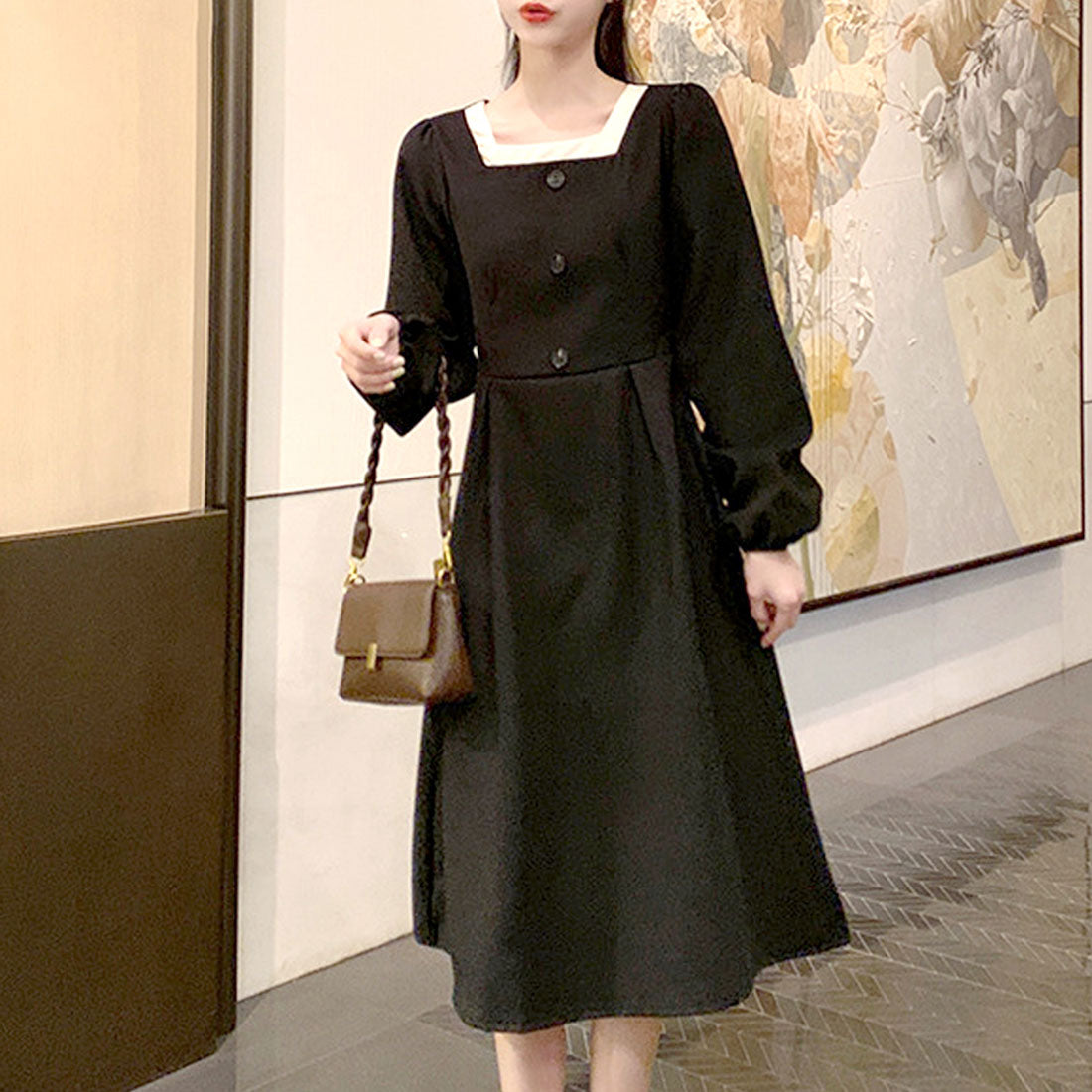 Amulet Square Neck Dress Spring Autumn Winter Korean Fashion Teens 20s 30s Women Simple Stylish Cute Adult Casual Retro Date