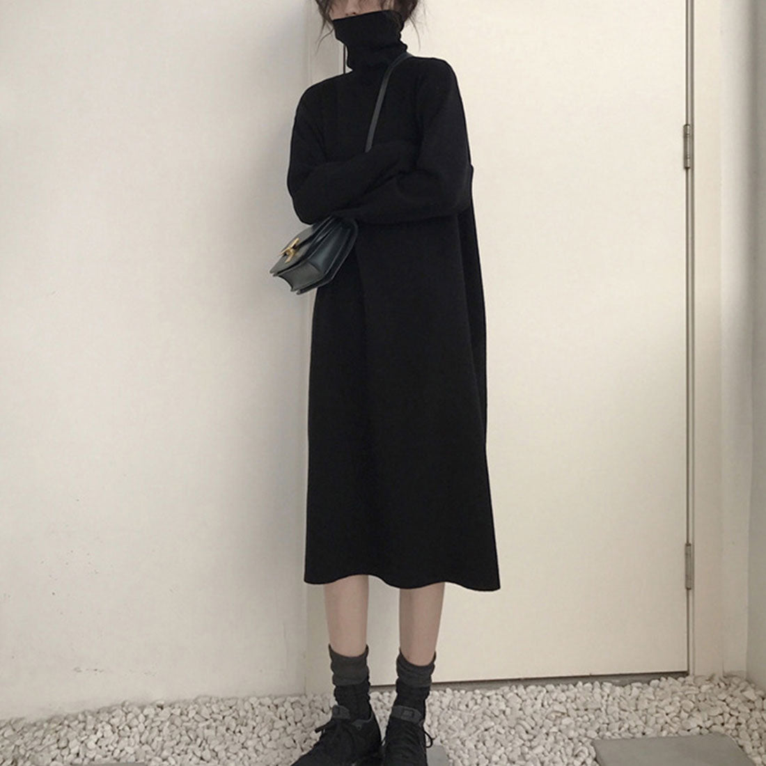 アミュレット Amulet ハイネックインナーワンピース レディース 10代 20代 30代 韓国ファッション カジュアル 可愛い スリット 長袖 ミモレ丈 無地 春 秋 冬 （ホワイト） ホワイト