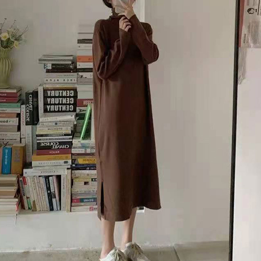 Amuret護身符高脖子內部一件女士，她20多歲，30多歲，時尚休閒可愛的縫隙長袖長袖春季，秋季冬季