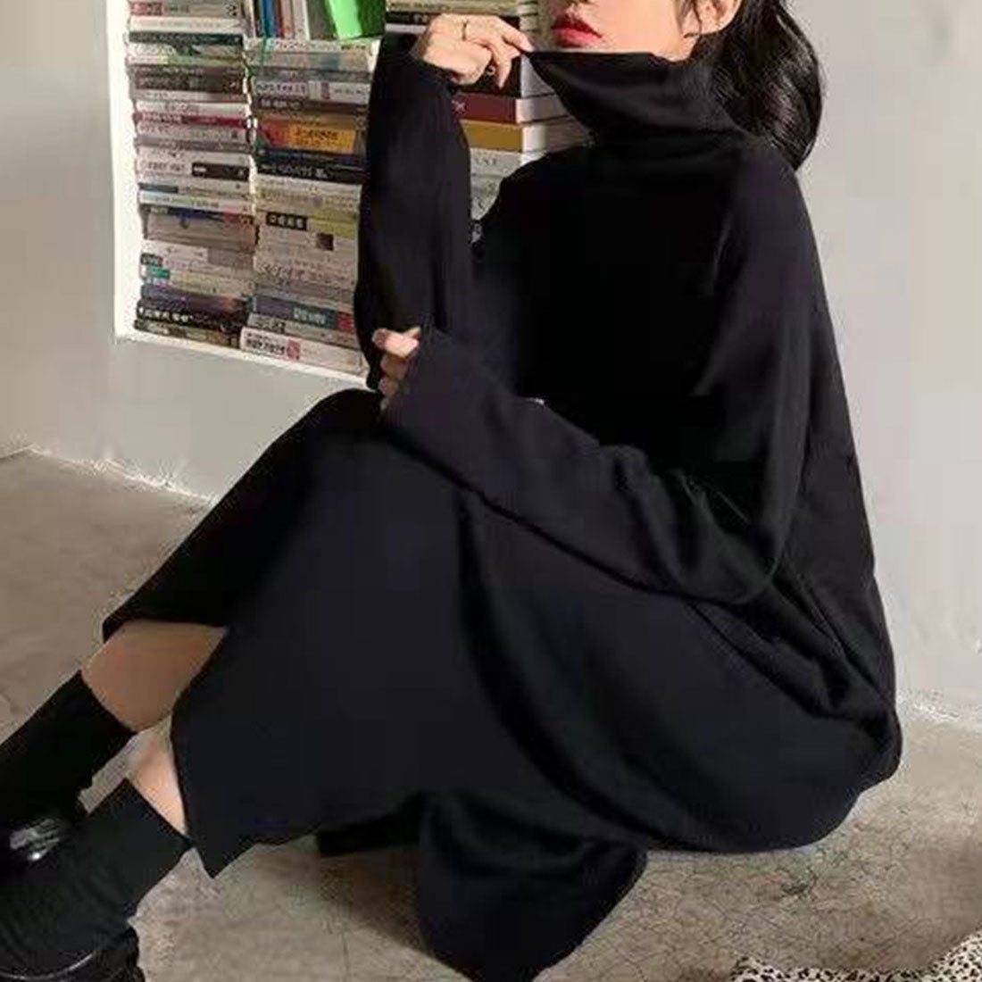 Amuret護身符高脖子內部一件女士，她20多歲，30多歲，時尚休閒可愛的縫隙長袖長袖春季，秋季冬季