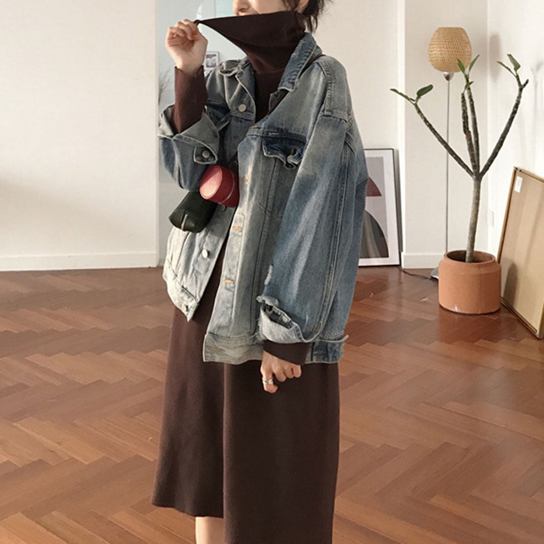 Amuret護身符高脖子內部一件女士，她20多歲，30多歲，時尚休閒可愛的縫隙長袖長袖春季，秋季冬季