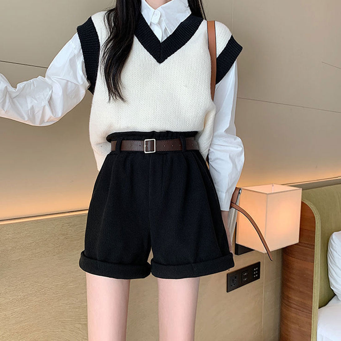 アミュレット Amulet コーデュロイショートパンツ レディース 10代 20代 30代 韓国ファッション カジュアル ベルト付き ハイウエスト かわいい レトロ 春 夏 秋 （カーキ） カーキ