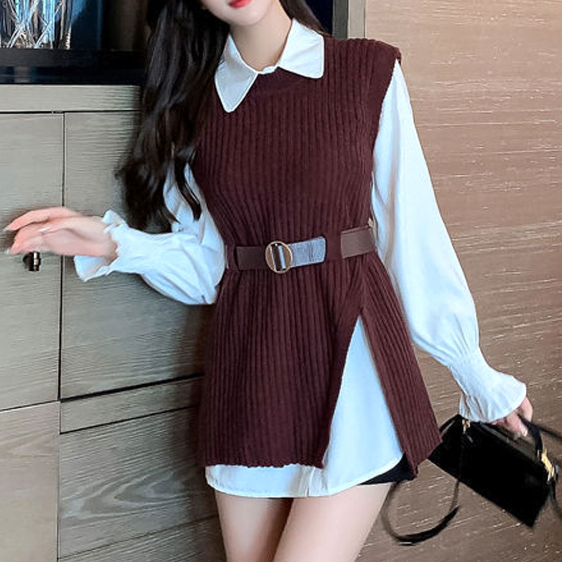アミュレット Amulet ニットベストセットアップ レディース 10代 20代 30代 韓国ファッション カジュアル 可愛い ブラウス ベルト レイヤード 春 夏 秋 冬 （ブラウン） ブラウン