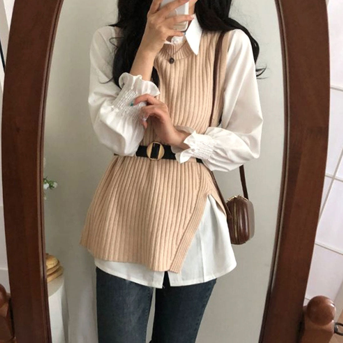 アミュレット Amulet ニットベストセットアップ レディース 10代 20代 30代 韓国ファッション カジュアル 可愛い ブラウス ベルト レイヤード 春 夏 秋 冬 （ブラウン） ブラウン