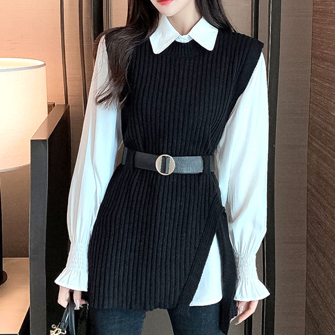アミュレット Amulet ニットベストセットアップ レディース 10代 20代 30代 韓国ファッション カジュアル 可愛い ブラウス ベルト レイヤード 春 夏 秋 冬 （ブラウン） ブラウン