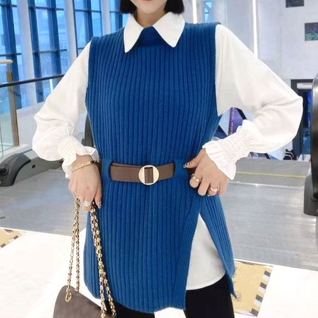 アミュレット Amulet ニットベストセットアップ レディース 10代 20代 30代 韓国ファッション カジュアル 可愛い ブラウス ベルト レイヤード 春 夏 秋 冬 （ブラウン） ブラウン