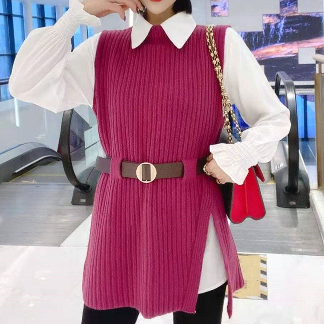 アミュレット Amulet ニットベストセットアップ レディース 10代 20代 30代 韓国ファッション カジュアル 可愛い ブラウス ベルト レイヤード 春 夏 秋 冬 （ブラウン） ブラウン