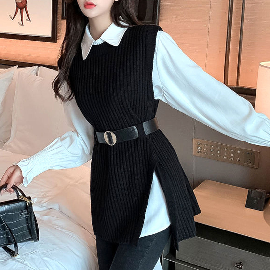 アミュレット Amulet ニットベストセットアップ レディース 10代 20代 30代 韓国ファッション カジュアル 可愛い ブラウス ベルト レイヤード 春 夏 秋 冬 （ブラウン） ブラウン