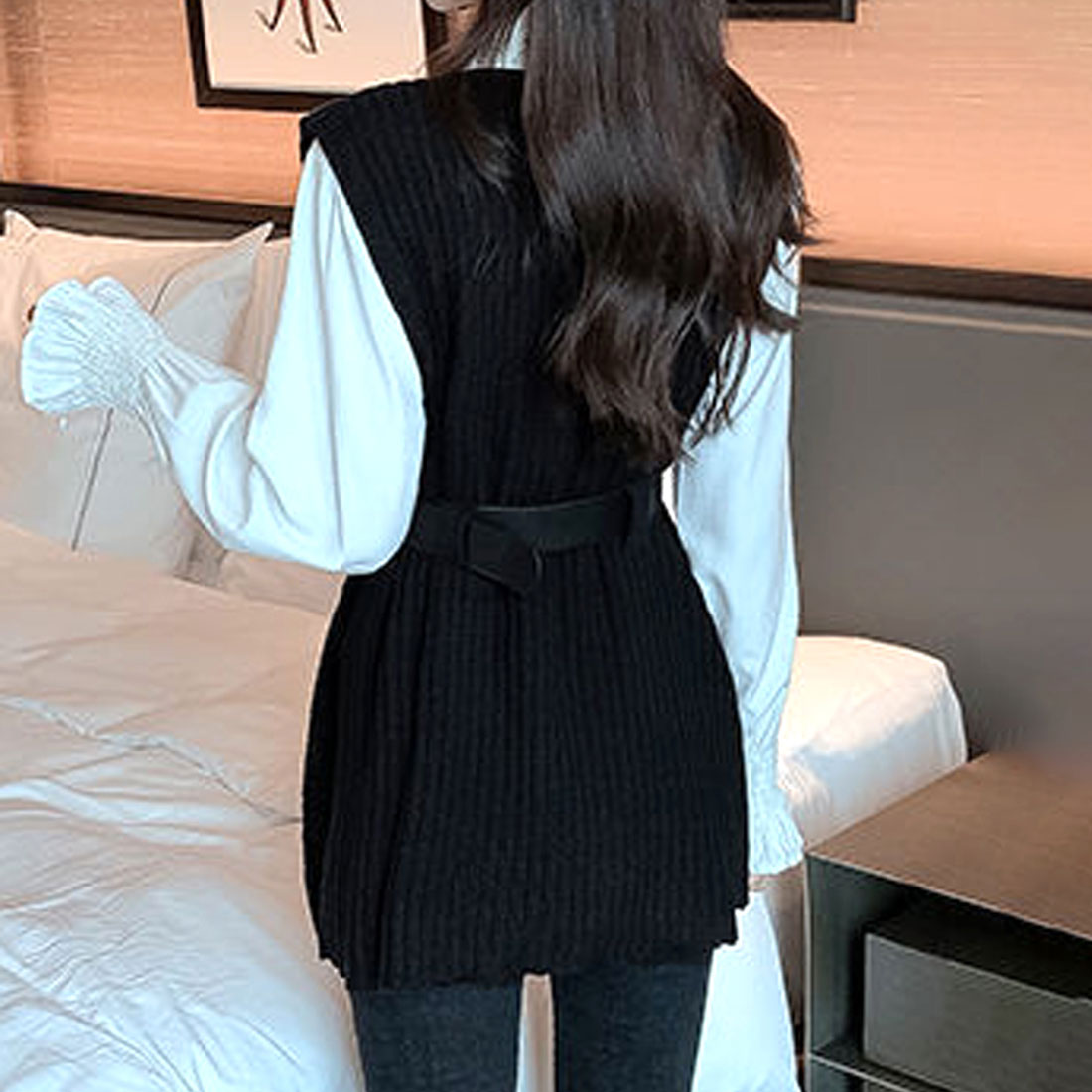 アミュレット Amulet ニットベストセットアップ レディース 10代 20代 30代 韓国ファッション カジュアル 可愛い ブラウス ベルト レイヤード 春 夏 秋 冬 （ブラウン） ブラウン