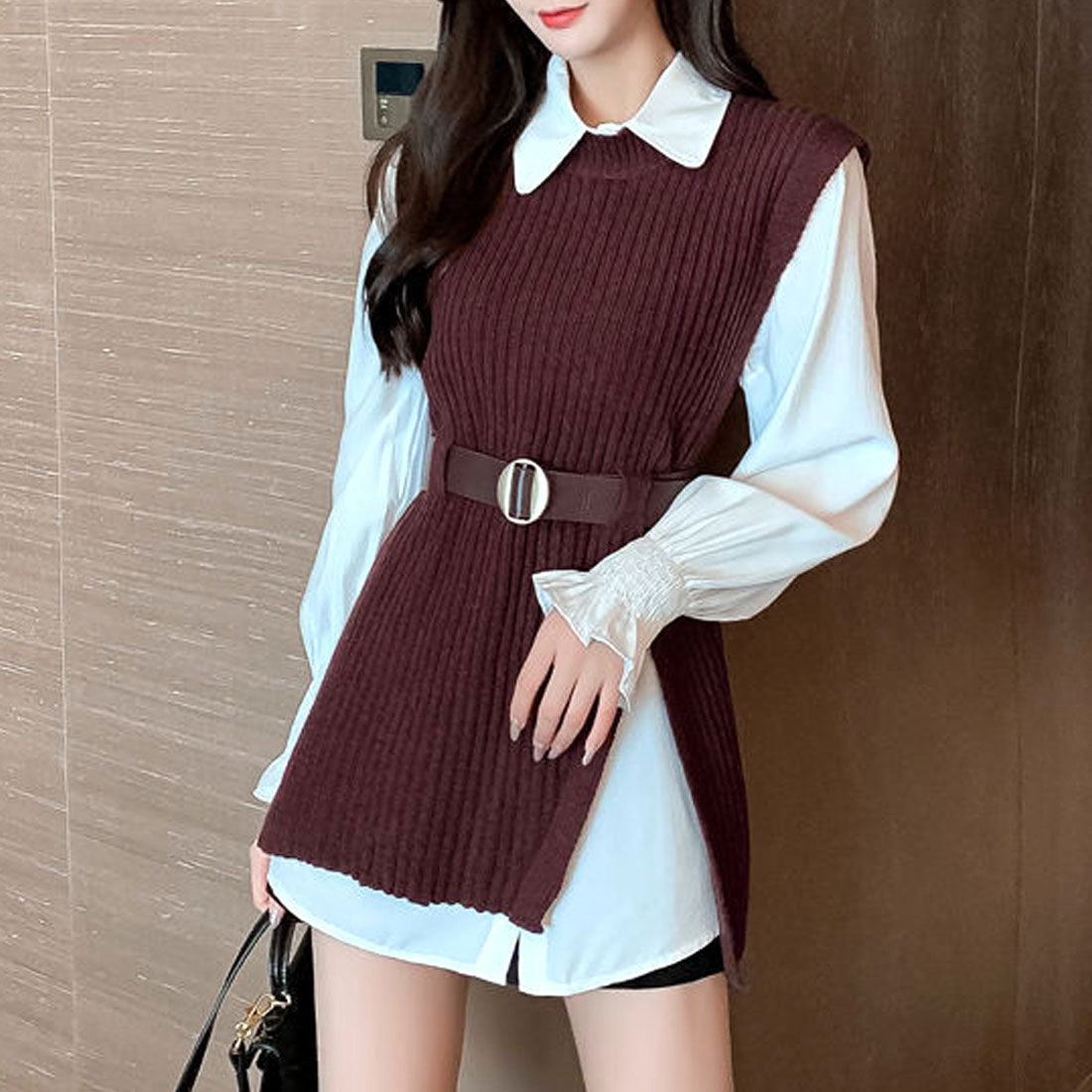 アミュレット Amulet ニットベストセットアップ レディース 10代 20代 30代 韓国ファッション カジュアル 可愛い ブラウス ベルト レイヤード 春 夏 秋 冬 （ブラウン） ブラウン
