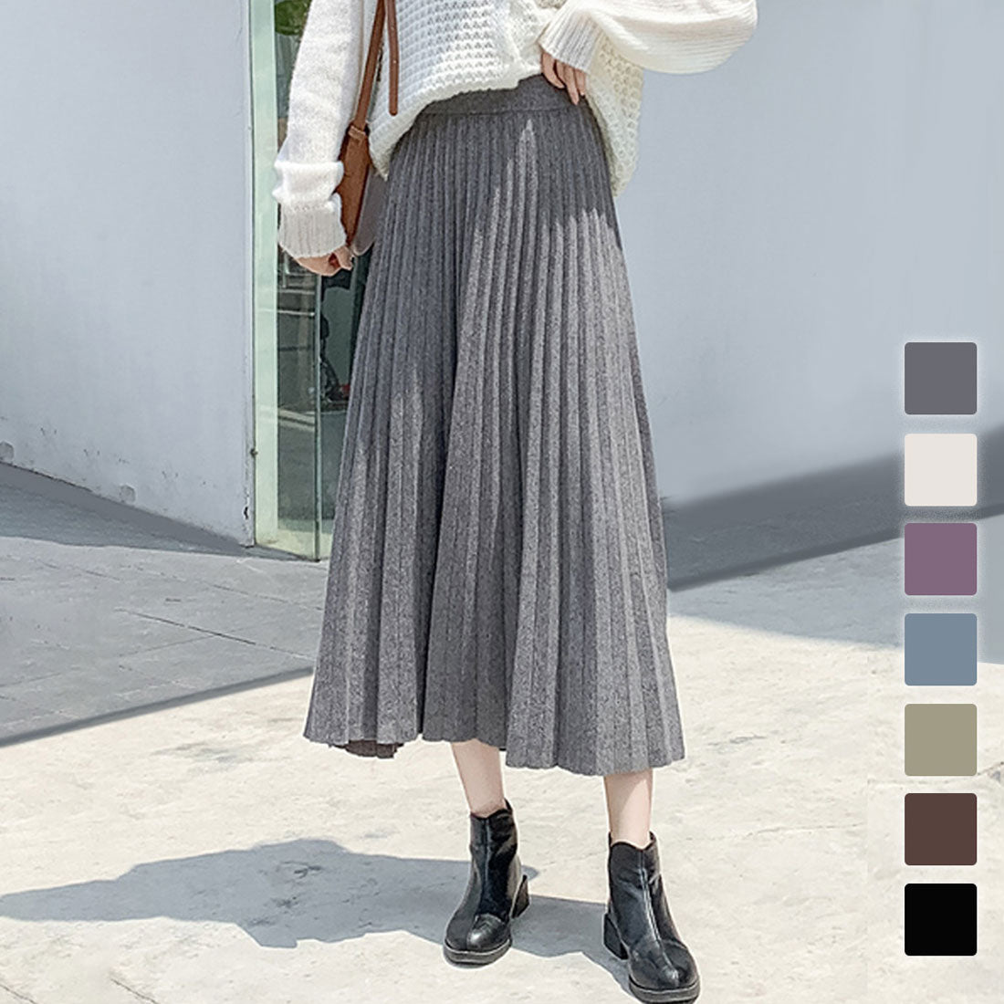アミュレット Amulet ニットプリーツスカート 秋 冬 韓国ファッション 10代 20代 30代 レディース Aライン 膝下丈 マキシ丈 黒 白 上品 大人 シンプル 綺麗め