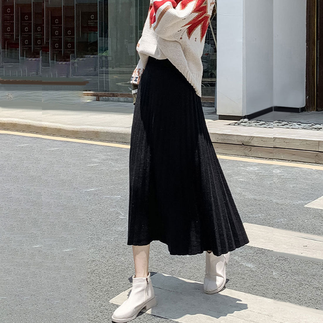 アミュレット Amulet ニットプリーツスカート 秋 冬 韓国ファッション 10代 20代 30代 レディース Aライン 膝下丈 マキシ丈 黒 白 上品 大人 シンプル 綺麗め