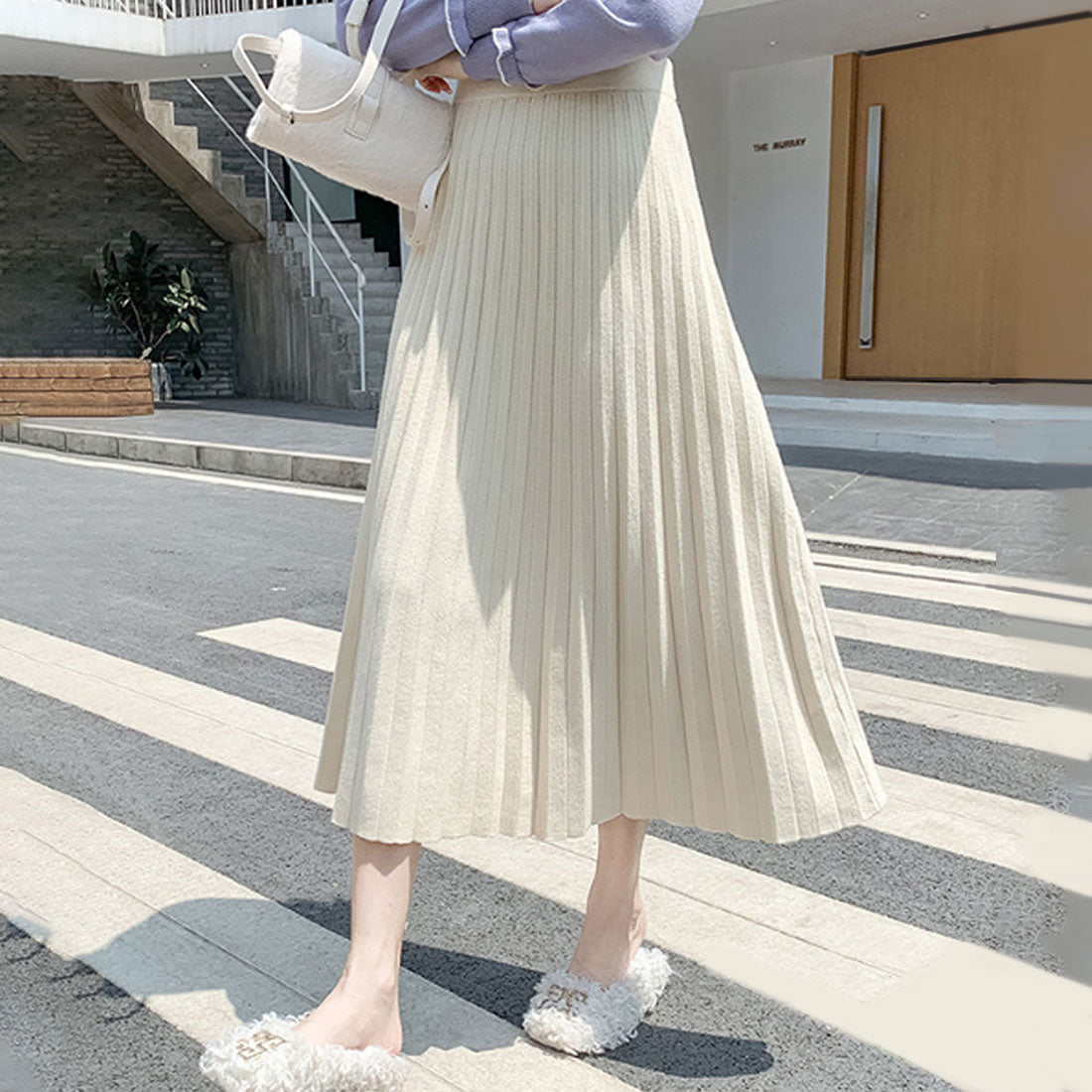 アミュレット Amulet ニットプリーツスカート 秋 冬 韓国ファッション 10代 20代 30代 レディース Aライン 膝下丈 マキシ丈 黒 白 上品 大人 シンプル 綺麗め