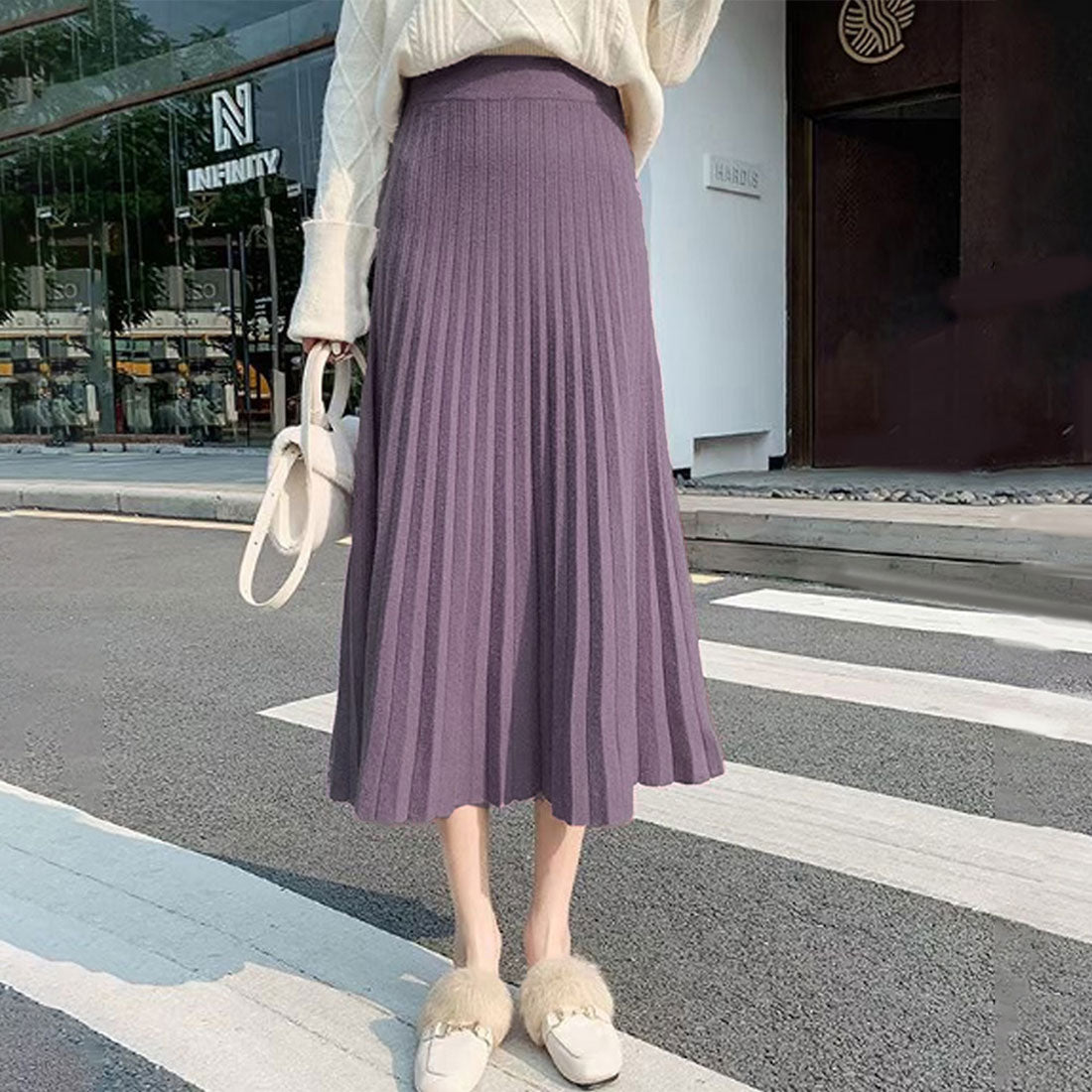 アミュレット Amulet ニットプリーツスカート 秋 冬 韓国ファッション 10代 20代 30代 レディース Aライン 膝下丈 マキシ丈 黒 白 上品 大人 シンプル 綺麗め