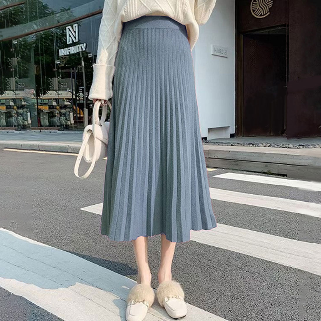 アミュレット Amulet ニットプリーツスカート 秋 冬 韓国ファッション 10代 20代 30代 レディース Aライン 膝下丈 マキシ丈 黒 白 上品 大人 シンプル 綺麗め