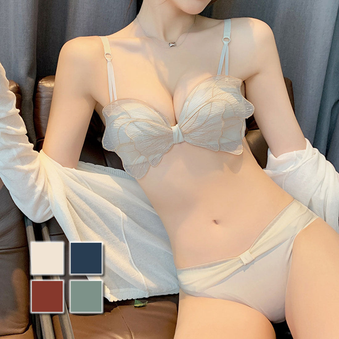 アミュレット Amulet バタフライノンワイヤーブラジャー＆ショーツセット 下着 ランジェリー 谷間 ブラショーツ セクシー 可愛い ブラセット レース 蝶 シンプル