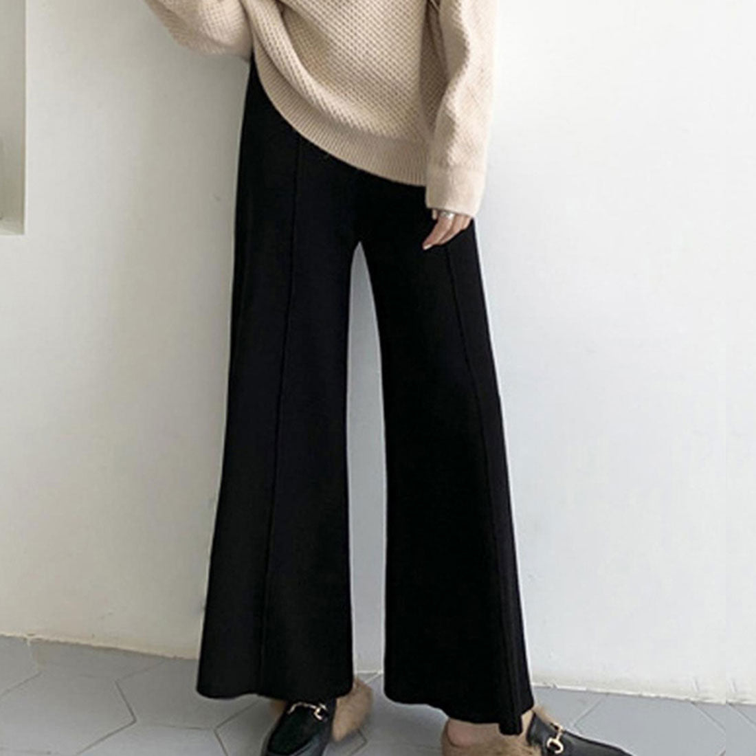 アミュレット Amulet ニットタックパンツ レディース 10代 20代 30代 韓国ファッション カジュアル ウエストゴム らくちん ワイド ゆったり 大人 春 秋 冬