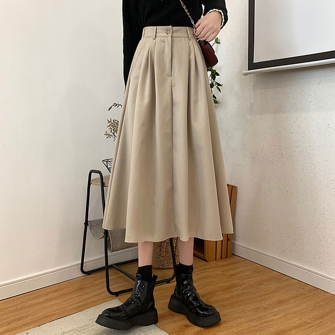 アミュレット Amulet ミモレ丈タックスカート レディース 10代 20代 30代 韓国ファッション カジュアル 可愛い きれいめ フレア シンプル 無地 春 夏 秋 冬