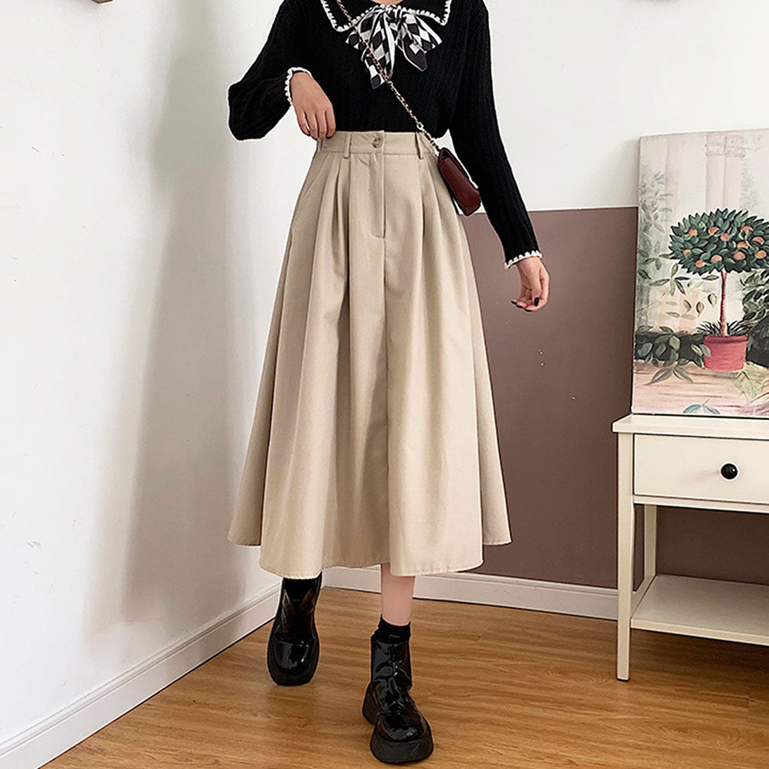 アミュレット Amulet ミモレ丈タックスカート レディース 10代 20代 30代 韓国ファッション カジュアル 可愛い きれいめ フレア シンプル 無地 春 夏 秋 冬