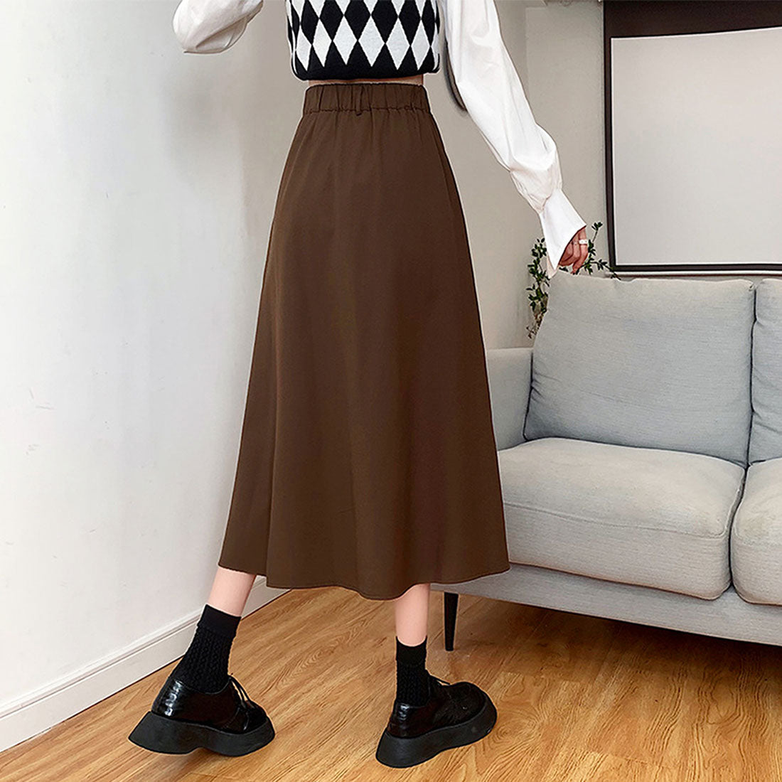 アミュレット Amulet ミモレ丈タックスカート レディース 10代 20代 30代 韓国ファッション カジュアル 可愛い きれいめ フレア シンプル 無地 春 夏 秋 冬