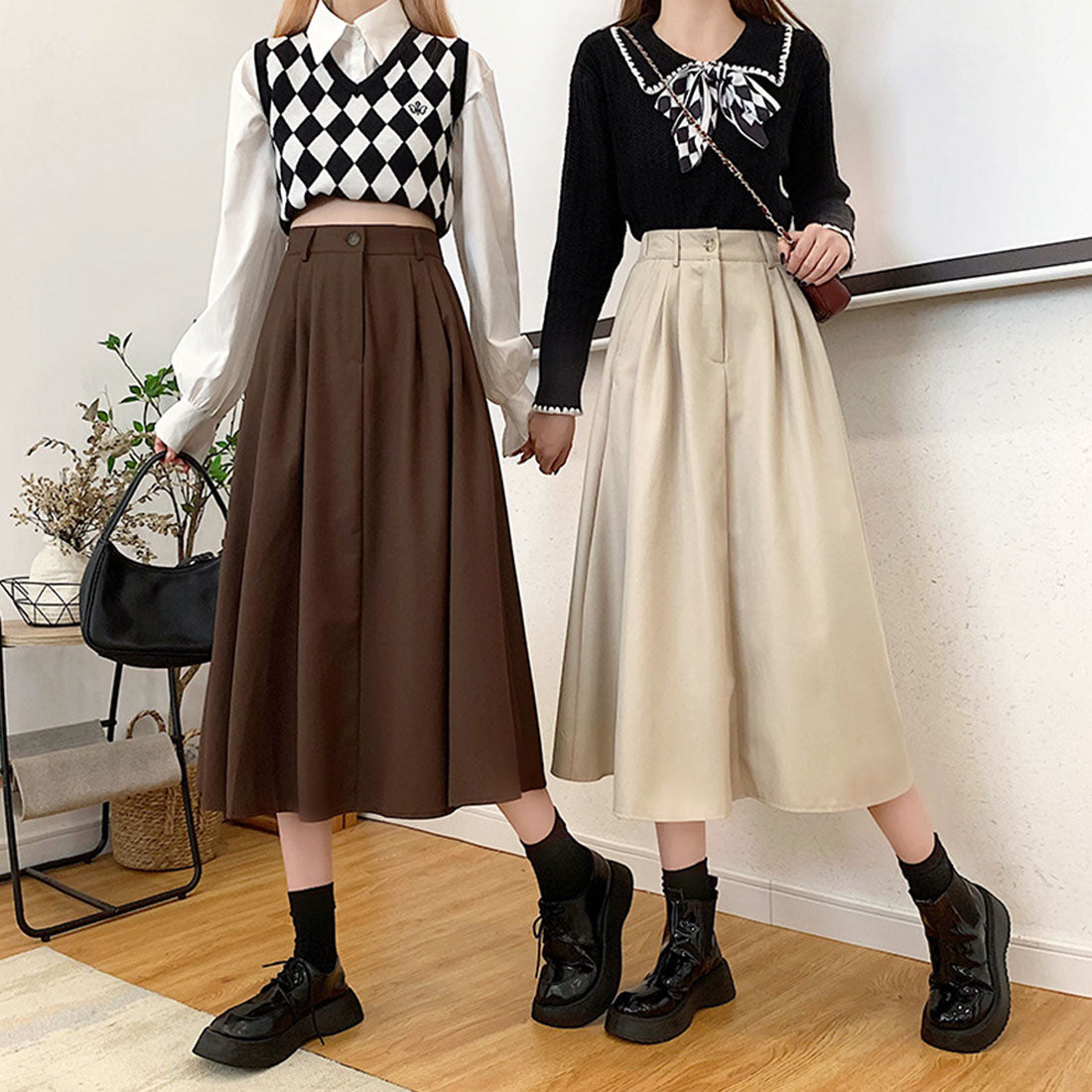 アミュレット Amulet ミモレ丈タックスカート レディース 10代 20代 30代 韓国ファッション カジュアル 可愛い きれいめ フレア シンプル 無地 春 夏 秋 冬