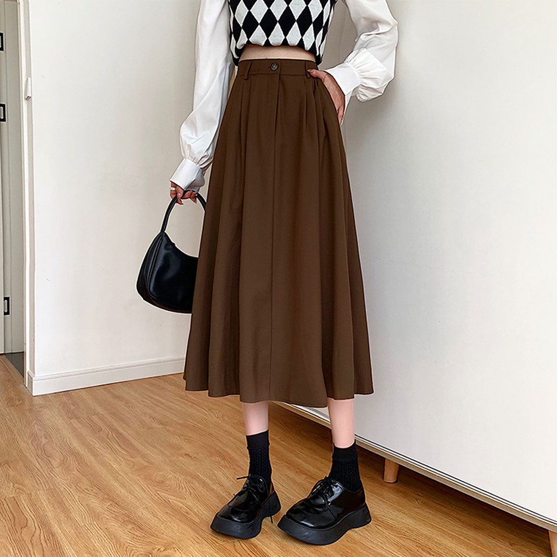 アミュレット Amulet ミモレ丈タックスカート レディース 10代 20代 30代 韓国ファッション カジュアル 可愛い きれいめ フレア シンプル 無地 春 夏 秋 冬