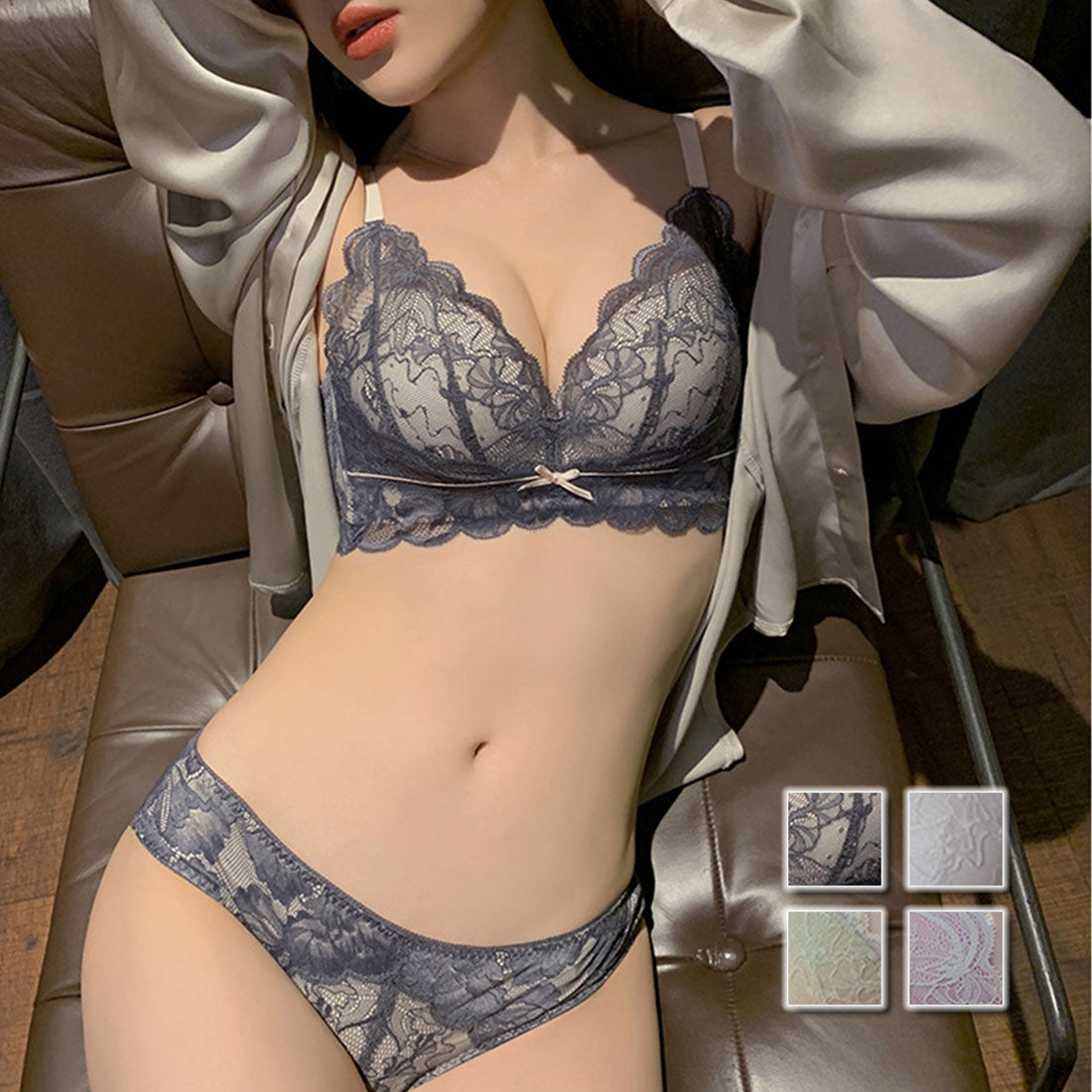 アミュレット Amulet バイカラーノンワイヤーブラジャー＆ショーツセット 下着 ランジェリー 谷間 ブラショーツ セクシー 可愛い ブラセット ストラップ リボン レース【返品不可商品】