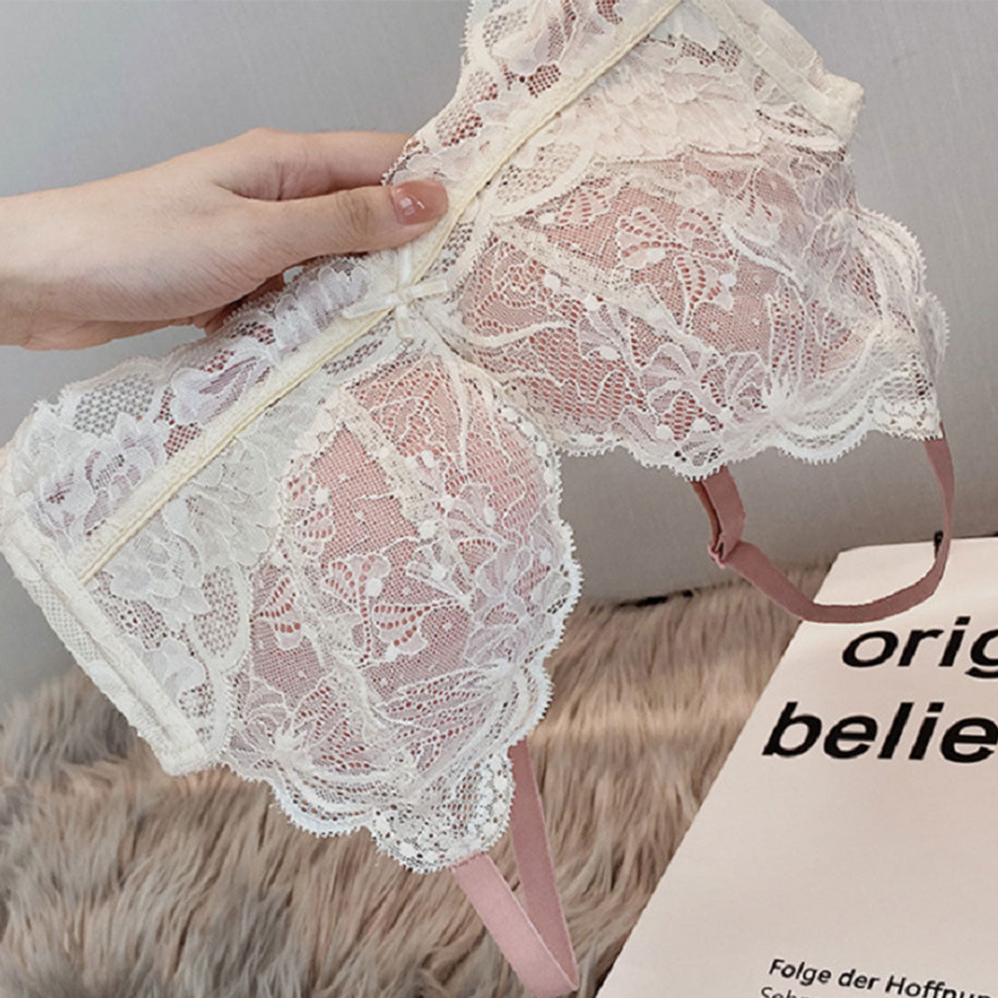 アミュレット Amulet バイカラーノンワイヤーブラジャー＆ショーツセット 下着 ランジェリー 谷間 ブラショーツ セクシー 可愛い ブラセット ストラップ リボン レース【返品不可商品】