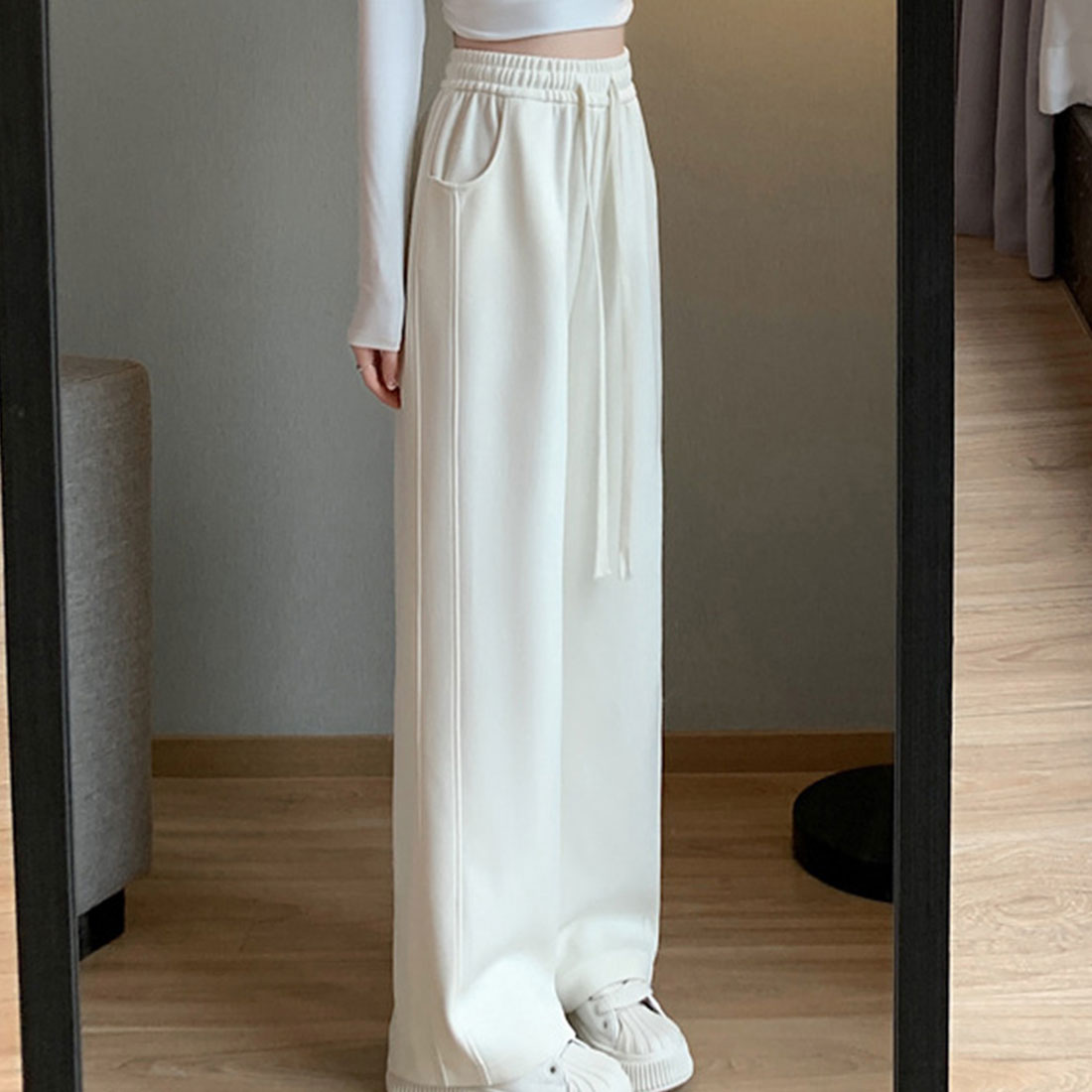 アミュレット Amulet ハイウエストワイドパンツ レディース 10代 20代 30代 韓国ファッション 可愛い カジュアル 大人 春 夏 秋 冬 無地 黒 白 シンプル