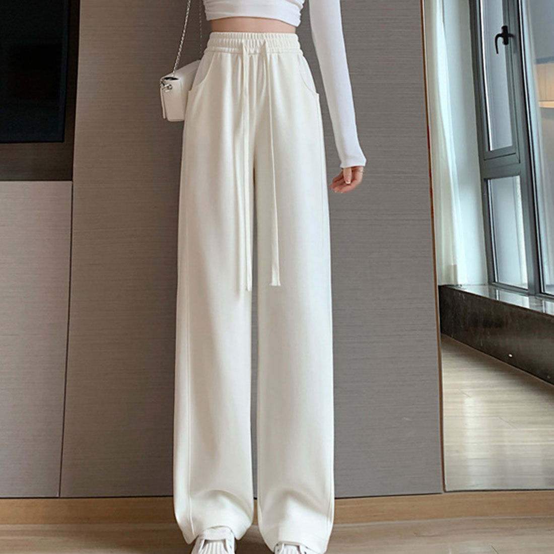 アミュレット Amulet ハイウエストワイドパンツ レディース 10代 20代 30代 韓国ファッション 可愛い カジュアル 大人 春 夏 秋 冬 無地 黒 白 シンプル