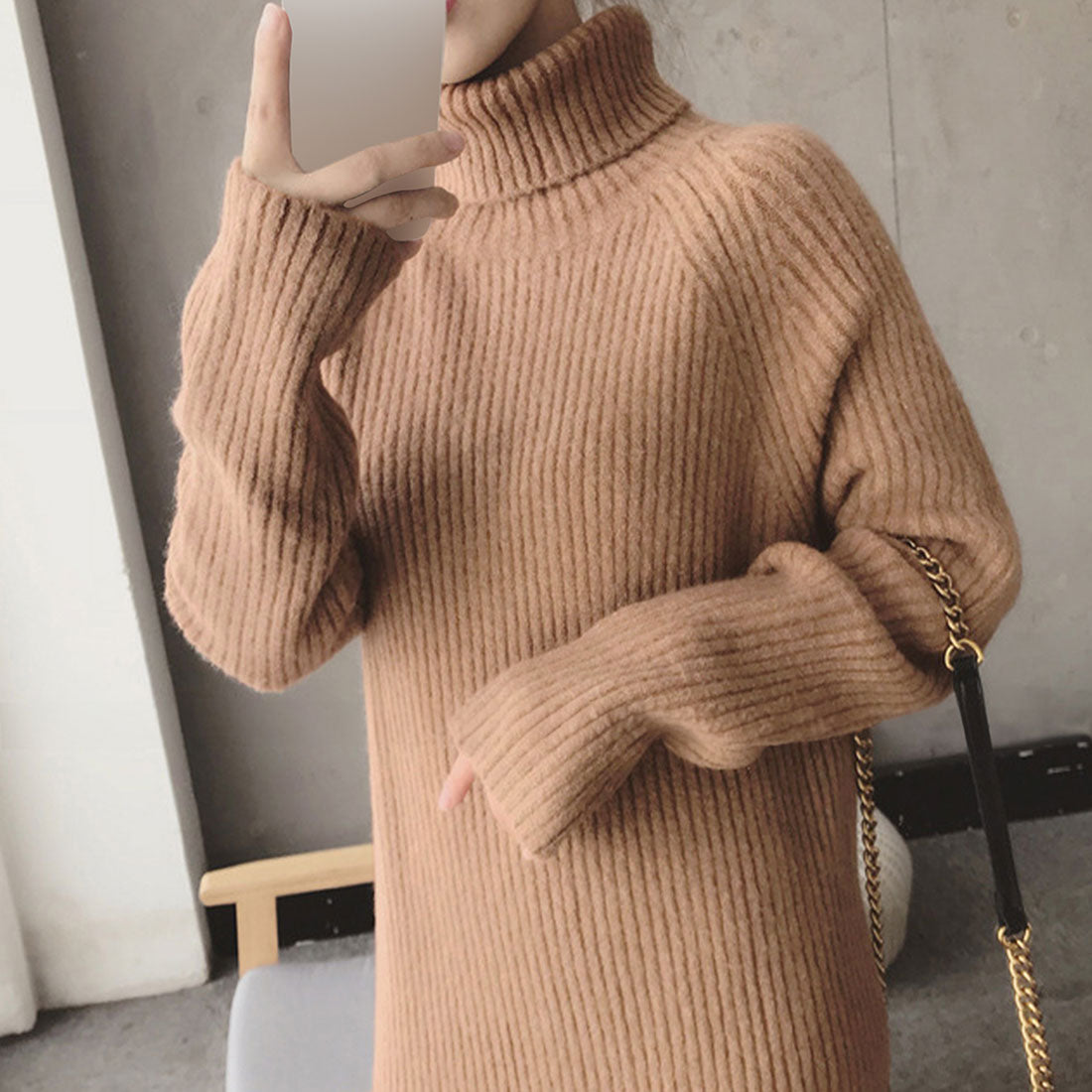 アミュレット Amulet ハイネックニットワンピース レディース 10代 20代 30代 韓国ファッション 秋 冬 カジュアル 可愛い 上品 シンプル 黒 長袖 デート （ベージュ） ベージュ