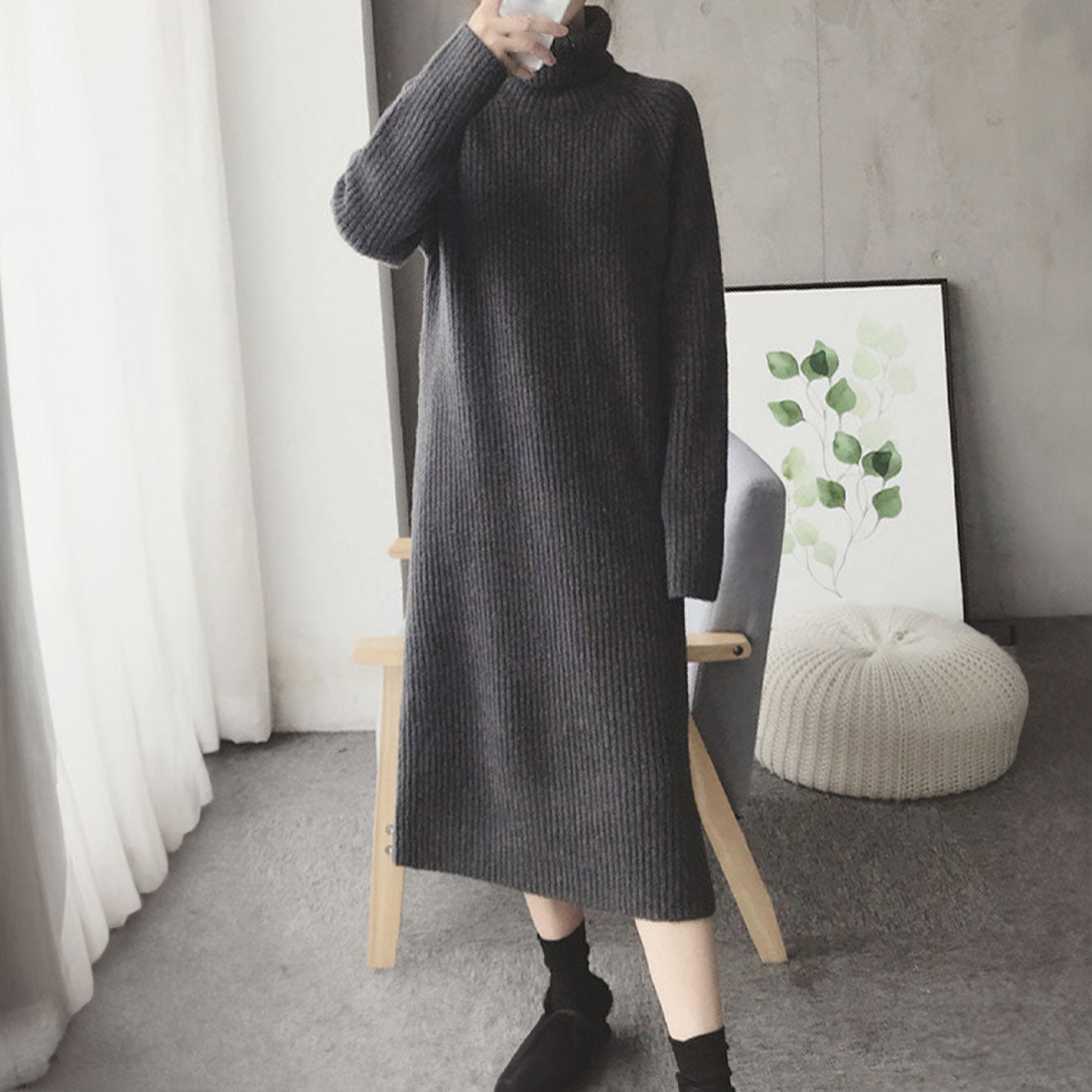 アミュレット Amulet ハイネックニットワンピース レディース 10代 20代 30代 韓国ファッション 秋 冬 カジュアル 可愛い 上品 シンプル 黒 長袖 デート,グレー