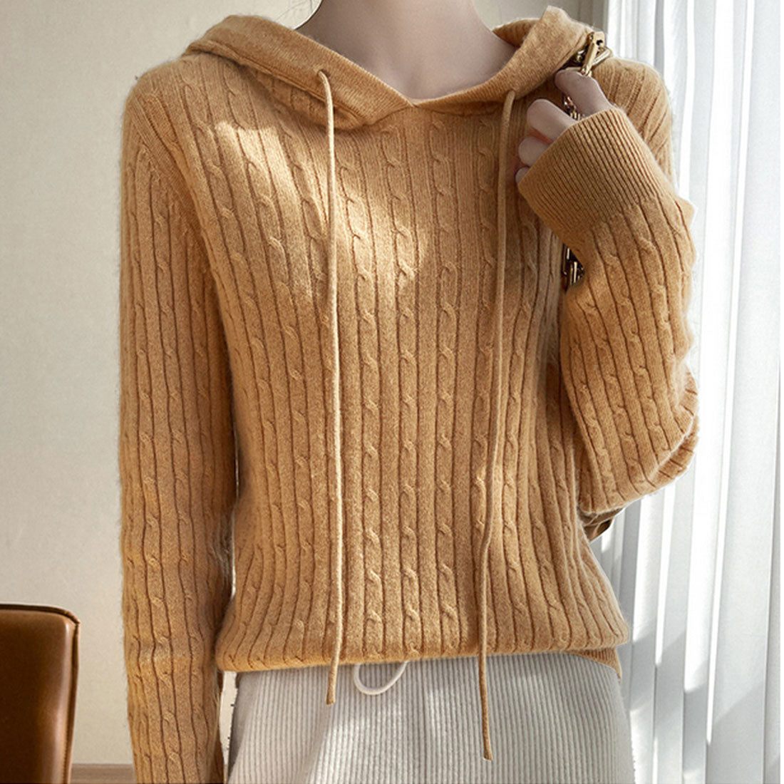 Amulet Hooded Cable Knit Sweater for Women, Teens, 20s, 30s, Korean Fashion, Autumn, Winter, Casual, Cute, Tops, Simple, Plain
